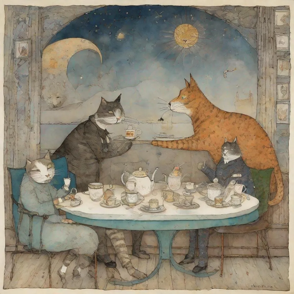 Prompt: A very pretty surreal dream of whimsical  anthropomorphic cats and dogs having 5oclock tea art by Sam Toft, William Timlin, Axel Scheffler, Charles Robinson, pol Ledent, endre penovac, Gustave Loiseau. inlay, watercolors and ink, beautiful, fantastic view, extremely detailed, intricate, best quality, highest definition, rich colours. intricate beautiful, award winning fantastic view ultra detailed, 3D high definition