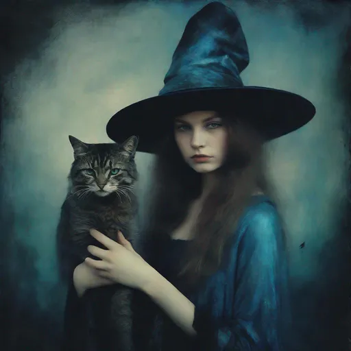 Prompt: A beautiful mysterious young witch holding her magical bicolor cat art style by Sarah moon, Rimel Neffati, Thomas Dodd, Thomas Dewing, Thomas Ruff, Felicia Simion, Kim Keever, Mikalojus Konstantinas Ciurlionis. Ethereal gloomy background, metallic black and blue clothes, elaborated pointy hat, Mixed media, guache, beautiful realistic eyes, watercolor and ink, impressionist, 3d, volumetric lighting.