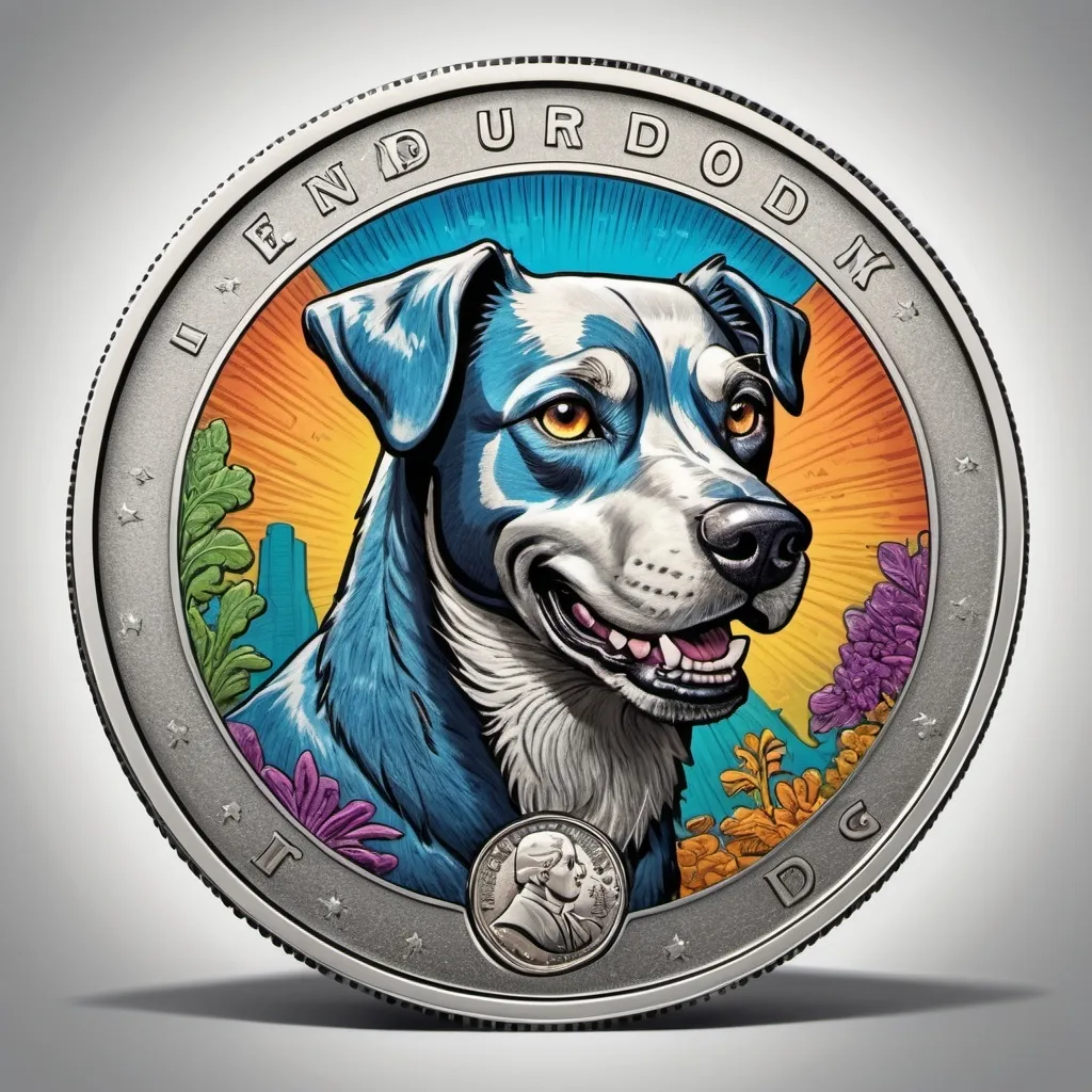 Prompt: (cartoon style image) half man half dog design, centered on a silver dollar coin, (detailed engravings), bright and playful colors, shiny metallic texture, whimsical and imaginative atmosphere, high contrast, conveying a sense of creativity and fun, (4K quality), (ultra-detailed) background emphasizing coin features.