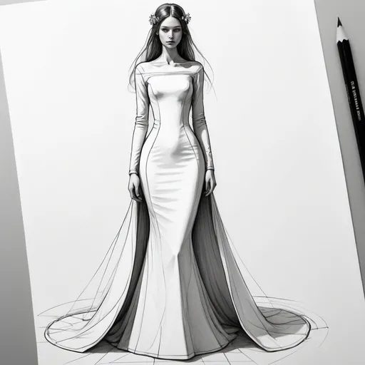 Prompt: a futuristic image of a minimalist wedding dress worn by a simple plain girl. Make it pencil sketch acting as if drawn by da Vinci