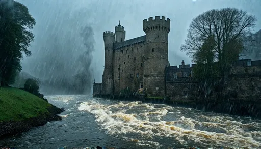 Prompt: medieval castle watching overflowing river, visible heavy rain with mist