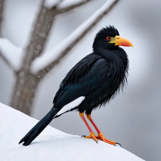 Prompt: a 10 feet tall bird that has huge wings and pitch black that has very very long fur and short beak and has big red eyes and is in the snow
