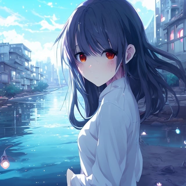 Prompt: Anime girl beside the river, river has bioluminescent properties and is full of fish, profile shot, slightly over the shoulder shot, anime atmospheric, anime scenary, anime girl walking on water, anime lanscape, anime painting, art of wlop, street background, clean detailed anime art, anime vfx, anime. soft lighting, anime scenary concept art, clean anime art, roof background, city background