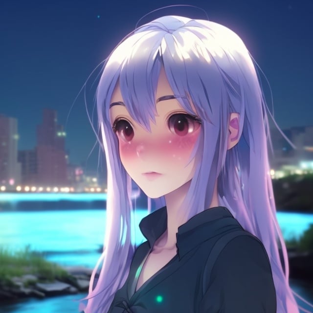 Prompt: Anime girl beside the river, looking at the river, river has bioluminescent properties and is full of fish, profile shot, slightly over the shoulder shot
