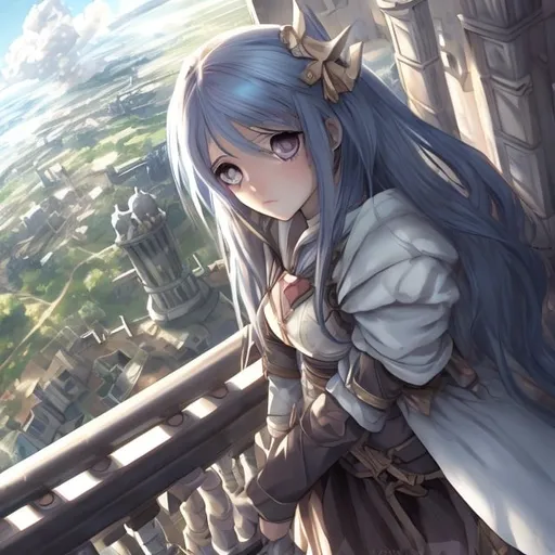 Prompt: Anime girl on the balcony of a high tower, looking down on a massive war, doorframe behind the anime girl, over-the shoulder shot, ashen skies,
 clean detailed anime art, 