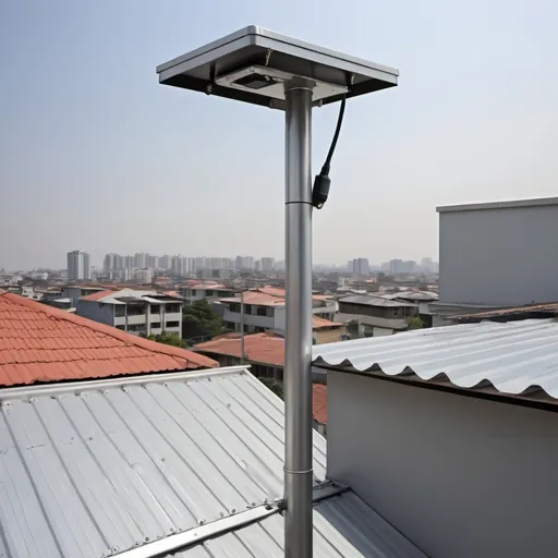 Prompt: "A 1-meter-high metallic pole with a roof mounting plate at the base. On top of the pole, there is a 4x4 inch galvanized Pull Box securely mounted. A Hikvision bullet-type CCTV camera is attached to the outer lid of the Pull Box, facing outward. The pole is designed for rooftop installation, and the scene is set against a simple rooftop environment with a clear sky background."