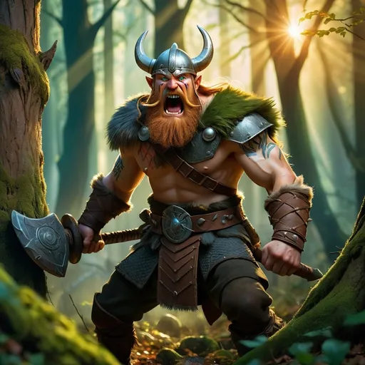 Prompt: (Viking warrior), mystical forest filled with ancient trees and soft sunlight filtering through leaves, (intense atmosphere), battling ferocious trolls with menacing expressions, dynamic action scene, deep greens and golden rays illuminating the dramatic encounter, vibrant colors, (highly detailed), enchanting yet dark ambiance, ultra-detailed, extraordinary lighting effects, hyper-realistic, capturing the essence of a legendary clash.