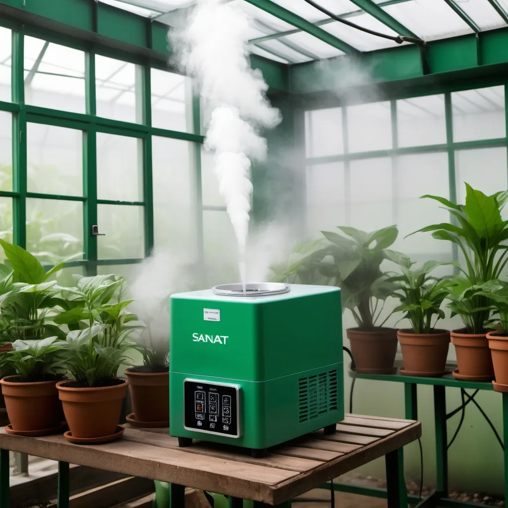 Prompt: A ultrasonic humidifier industrial machine in green house and on the machine it is written Mist Sanat