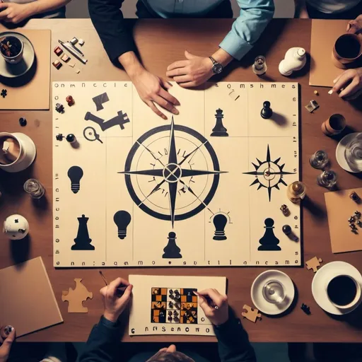 Prompt: a group of people sitting around a table with a big board with a drawing of a compass, chess pieces, lightbulbs and puzzle pieces on it and a light bulb, Enguerrand Quarton, objective abstraction, dynamic composition, a stock photo