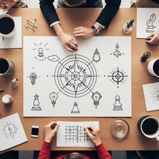 Prompt: Design a professional cover image emphasizing strategic thinking, innovation, lifelong learning, intelligence, and humility. Include symbols like lightbulbs, puzzle pieces, books, a laptop, a chessboard, and a compass. The image should be clean, minimalistic, and without text or people. Size: 1,584 × 396 px