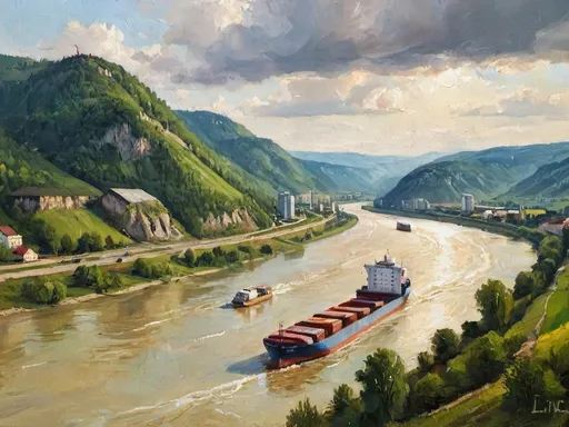 Prompt: The Danube river valley near Linz. A dry cargo ship carrying containers is sailing down the river. The water level is low. The surrounding area is suffering from drought.