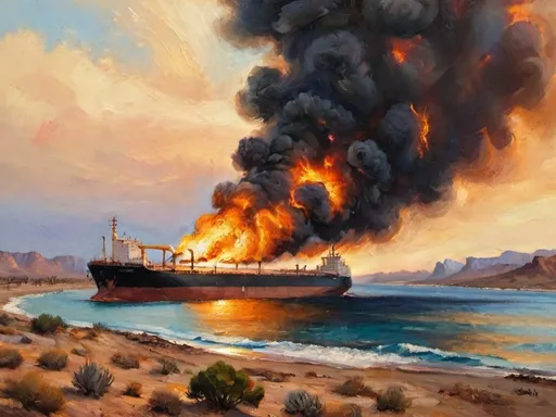Prompt: An oil tanker is ablaze against the backdrop of the desert coastline