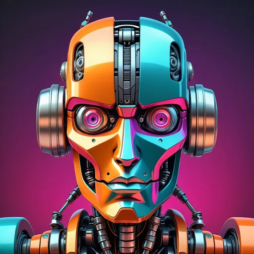 Prompt: (comic style robot head), vibrant colors, (dynamic expression), exaggerated features, (tech-inspired design), intricate mechanical details, glossy metallic textures, sharp outlines, playful ambiance, against a solid background, high-quality rendering, (ultra-detailed) artistry, energetic and creative vibe.