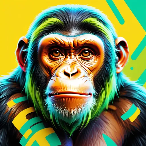 Prompt: NFT (accurately spelled text "无聊猿头像"), colorful, dynamic, modern, cartoonish ape character, bold lines, vibrant color palette with bright yellows and greens, engaging expression, stylized background of digital motifs, high depth, intricate details, digital art, high-quality and detailed rendering, captivating composition.