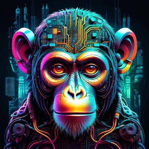 Prompt: (cyberpunk style monkey head), vibrant neon colors, intricate circuits and technological elements, futuristic cityscape background, dramatic lighting with deep shadows, ultra-detailed, high contrast, surreal and edgy ambiance, reflecting a blend of nature and advanced technology, showcasing bold contrasts between warm and cool tones.