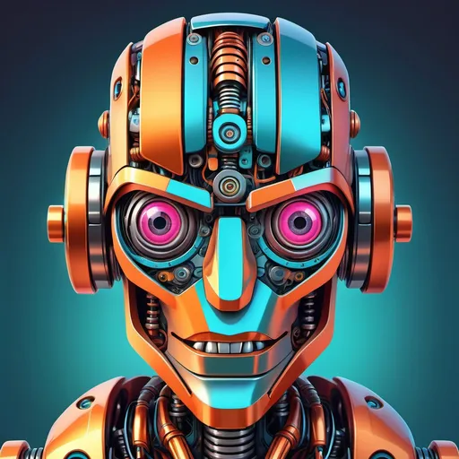 Prompt: (comic style robot head), vibrant colors, (dynamic expression), exaggerated features, (tech-inspired design), intricate mechanical details, glossy metallic textures, sharp outlines, playful ambiance, against a solid background, high-quality rendering, (ultra-detailed) artistry, energetic and creative vibe.