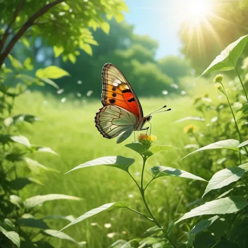 Prompt: greenery scene in background like its anime scene. peaceful calm nature sunny day some butterfly