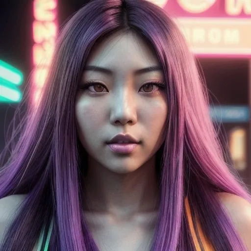 Prompt: Digital painting of a half-Asian woman with long purple hair, almond brown eyes, fair skin, and a thick mouth, in a stylish urban setting, bright neon lights reflecting on her hair, anime, highres, detailed eyes, cool tones, professional, atmospheric lighting