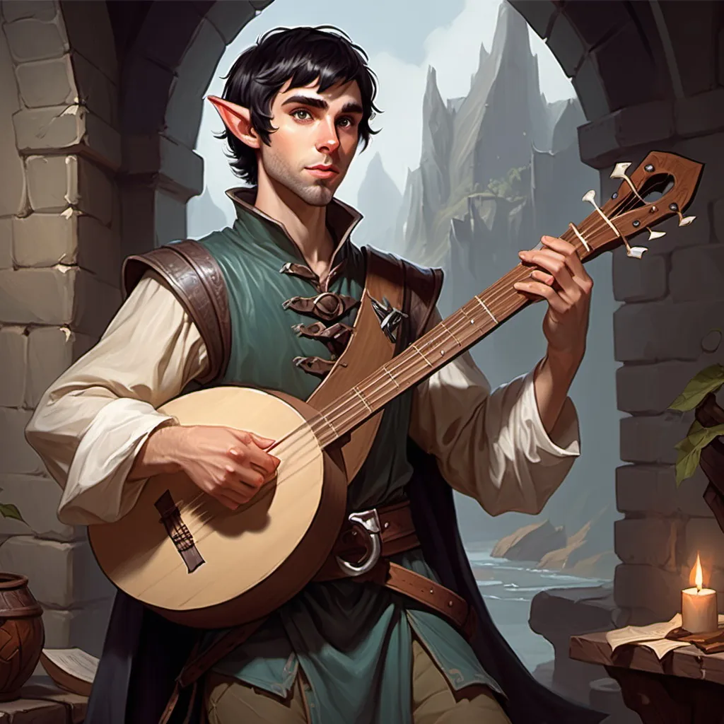 Prompt: dungeons and dragons fantasy art young male half-elf with short black hair and a scruffy beard, dressed in bards clothes, holding a lute, and singing