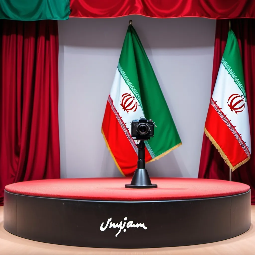 Prompt: I want a picture The background is a red curtain And a platform for the champion, which has a camera on the platform and the flag of Iran is behind it