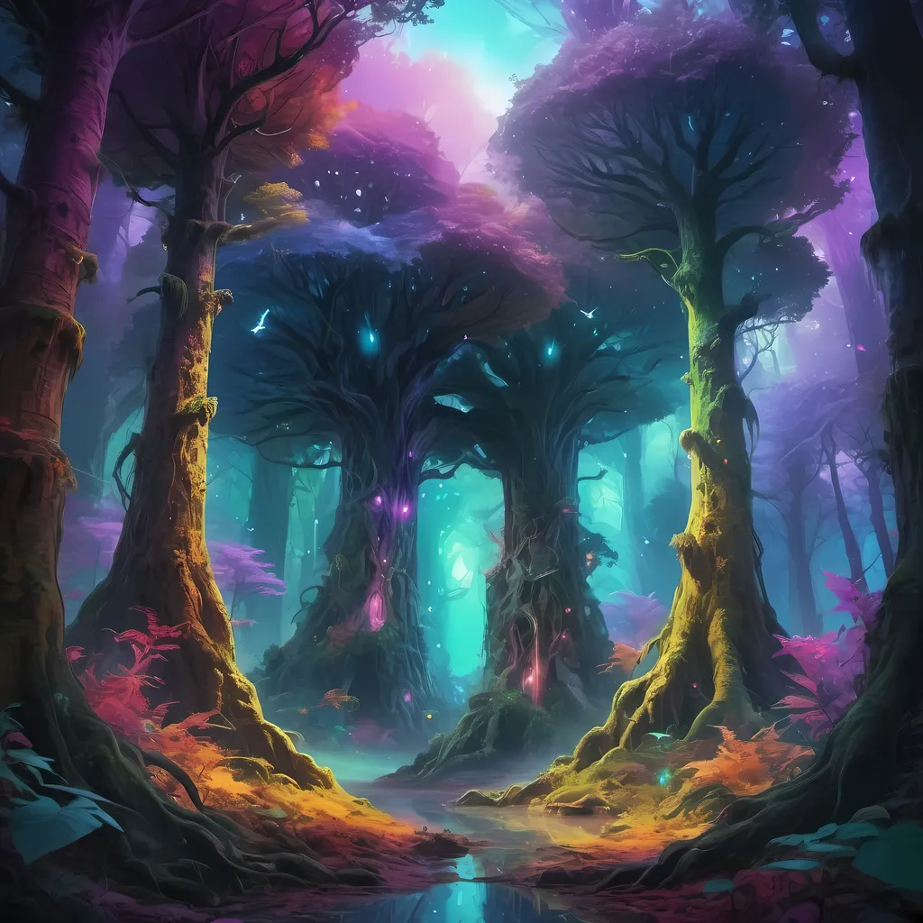 Vibrant digital art of a mystical forest, saturated...