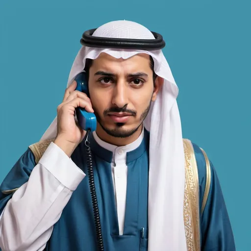 Prompt: A man wearing a traditional Saudi uniform is making a phone call with number "920013272", looking somewhat anxious. The background is simple and extended, leaving space for adding a phone number later. The image uses shades of blue (