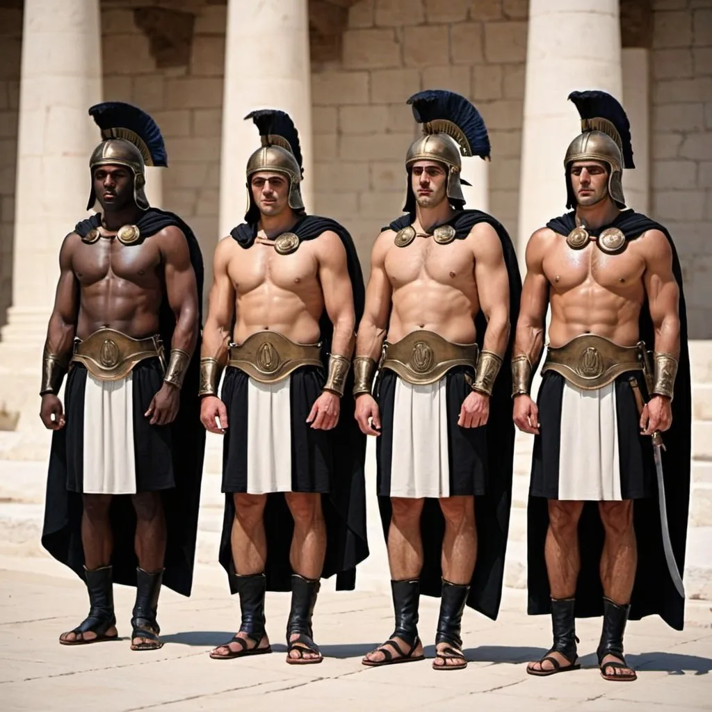 Prompt: 4 Greek warriors lined up in uniform black men 