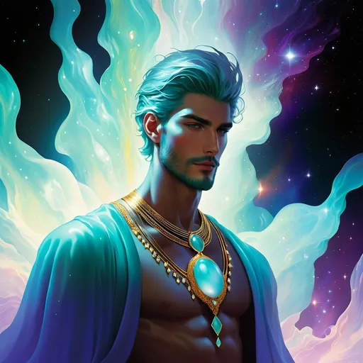 Prompt: Beautiful men ethereal light being in the form of a human is wearing the chalcedony jewel, vibrant, bold