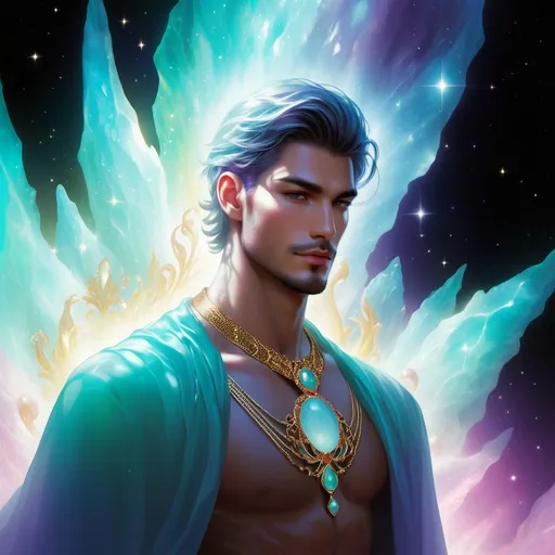 Prompt: Handsome men ethereal light being in the form of a human is wearing the chalcedony jewel, vibrant, bold