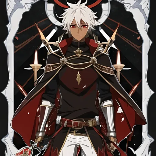 Prompt: dynamic lighting tan brown skin white hair red eyes boy swords covered in blood
