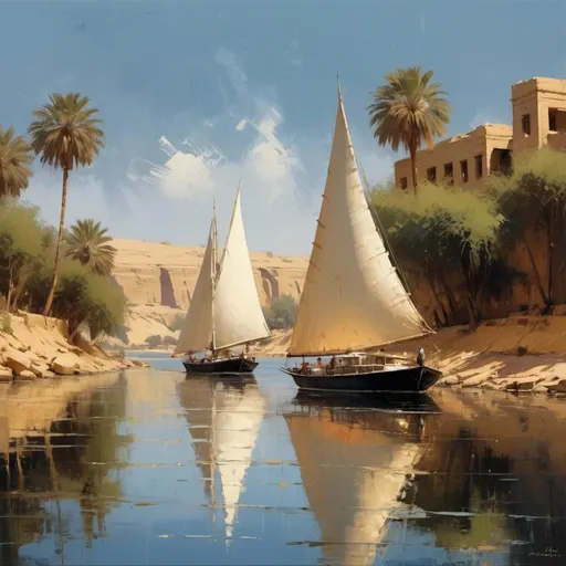 Prompt: Jeremy Mann. (Nature and Landscapes painting)  masterpiece. Impasto oil painting, textured. Saturated deep colors. High contrast. Detail. Multi-layered image with cellular shadows. Beautiful  Landscapes, Perfect Nature, Nile landscape in Aswan, Sailboats on the Nile River Aswan, White sails, clear blue sky, Wide river, extended horizon,  featuring local flora and fauna, golden ratio, award winning, highly detailed, centered, drawn, complex, volumetric lighting, beautiful, masterpiece, depth of field, perfect composition, high resolution 8K, palette knife and brush strokes, Artistic style of a professional artist.