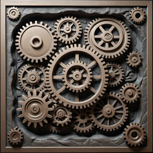 Prompt: bas relief, square, engineering themed, photorealistic, mechanical themed, gears, cogs