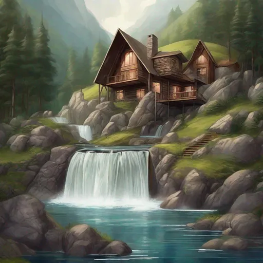 Prompt: Beautiful waterfall and house cabins landscape