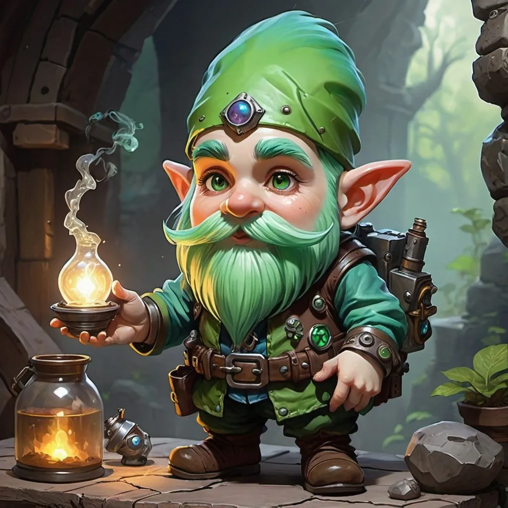 Prompt: dungeons and dragons fantasy art Gnome artificer with green hair workshop tinkerer