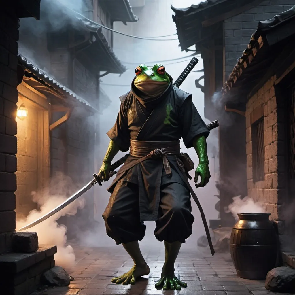 Prompt: dungeons and dragons, fantasy art, small Mutant frog man, Ninja, Stealth, White goroi, ninja-goroi, Fantasy city, night, back alley, covered face, smoke bomb in background, holding katana