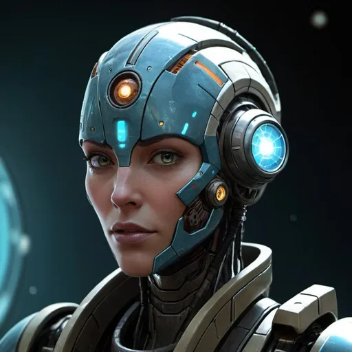 Prompt: Sci-fi, starfinder, space faring, android, robot, hard light projected face,