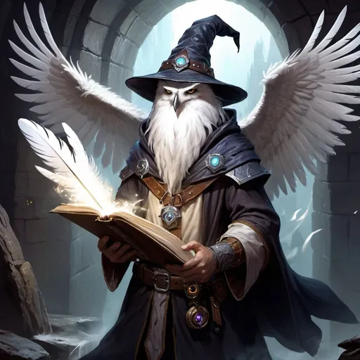 Prompt: dungeons and dragons, fantasy art, Owlin male, wizard, white feathers, floating spellbook, casting magic missle, dark dank dungeon,