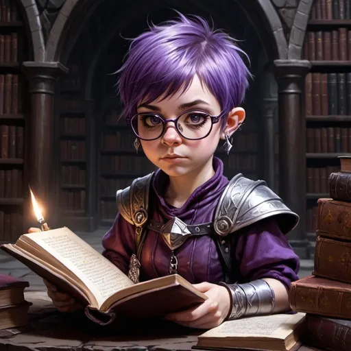 Prompt: dungeons and dragons, fantasy art, female halfling, dark purple and silver short hair, emo, punk, pierced nose, wearing glasses, wizard, casting spell, ancient library,