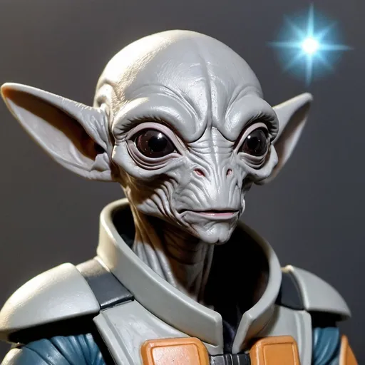 Prompt: Sci-fi starfinder space faring traditional gray alien no ears  bounty hunter