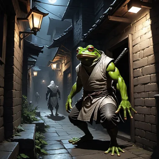 Prompt: dungeons and dragons, fantasy art, Mutant frog man, Ninja, Stealth, White goroi, ninja-goroi, Fantasy city, night, back alley,