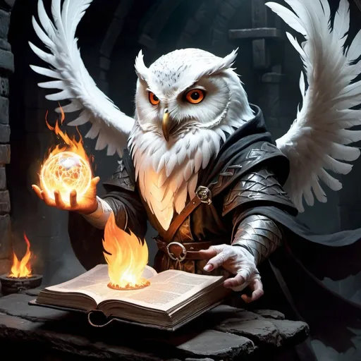 Prompt: dungeons and dragons, fantasy art, Owlin, wizard, white feathers, floating spellbook, casting fire ball, dark dank dungeon,