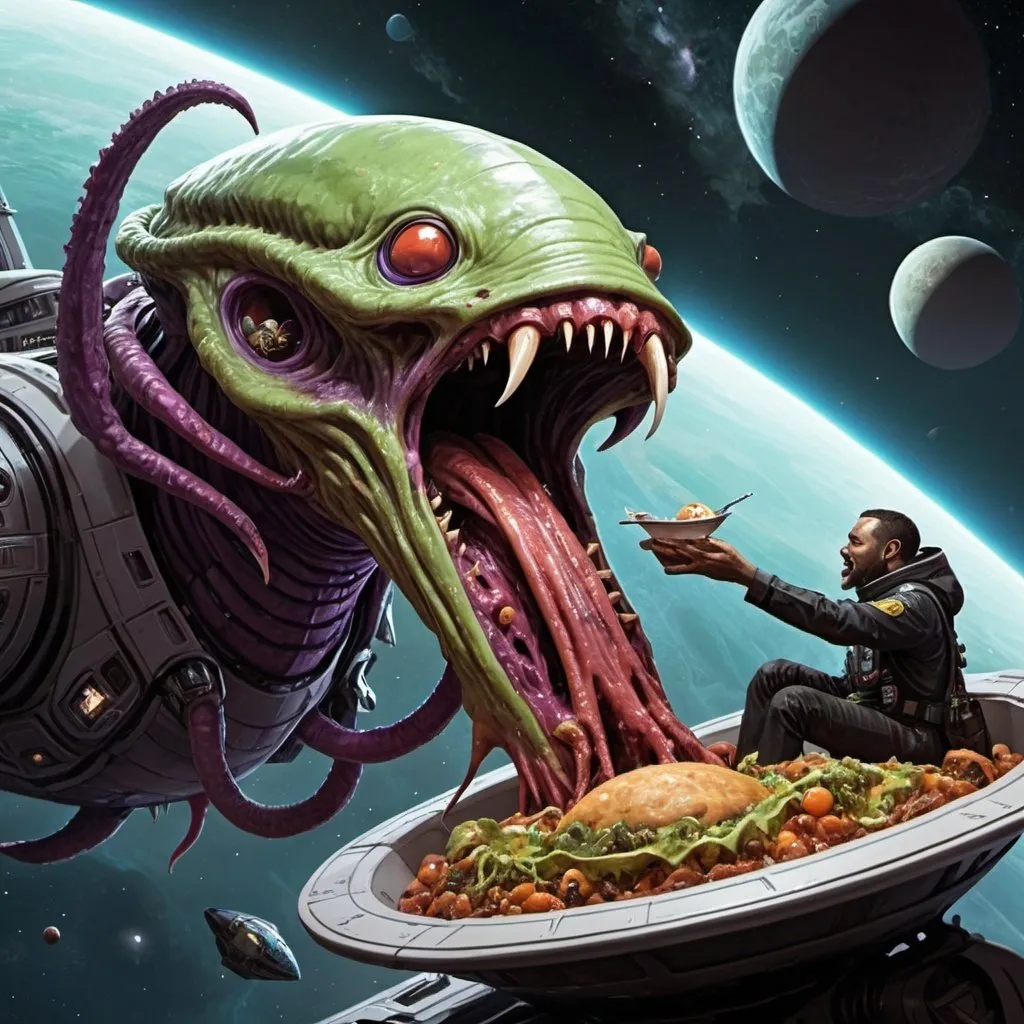 Prompt: Sci-fi starfinder space faring Lovecraftian horror space monster eating a space ship