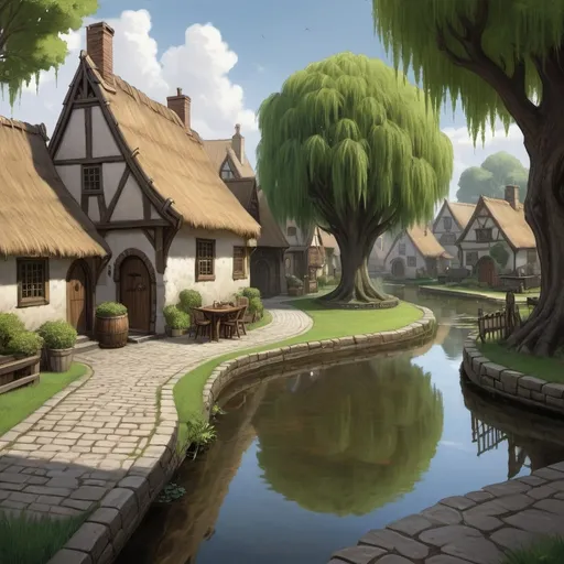 Prompt: dungeons and dragons, Fantasy art, thatch town, cobblestone street, willow tree overlooking large circular pond 