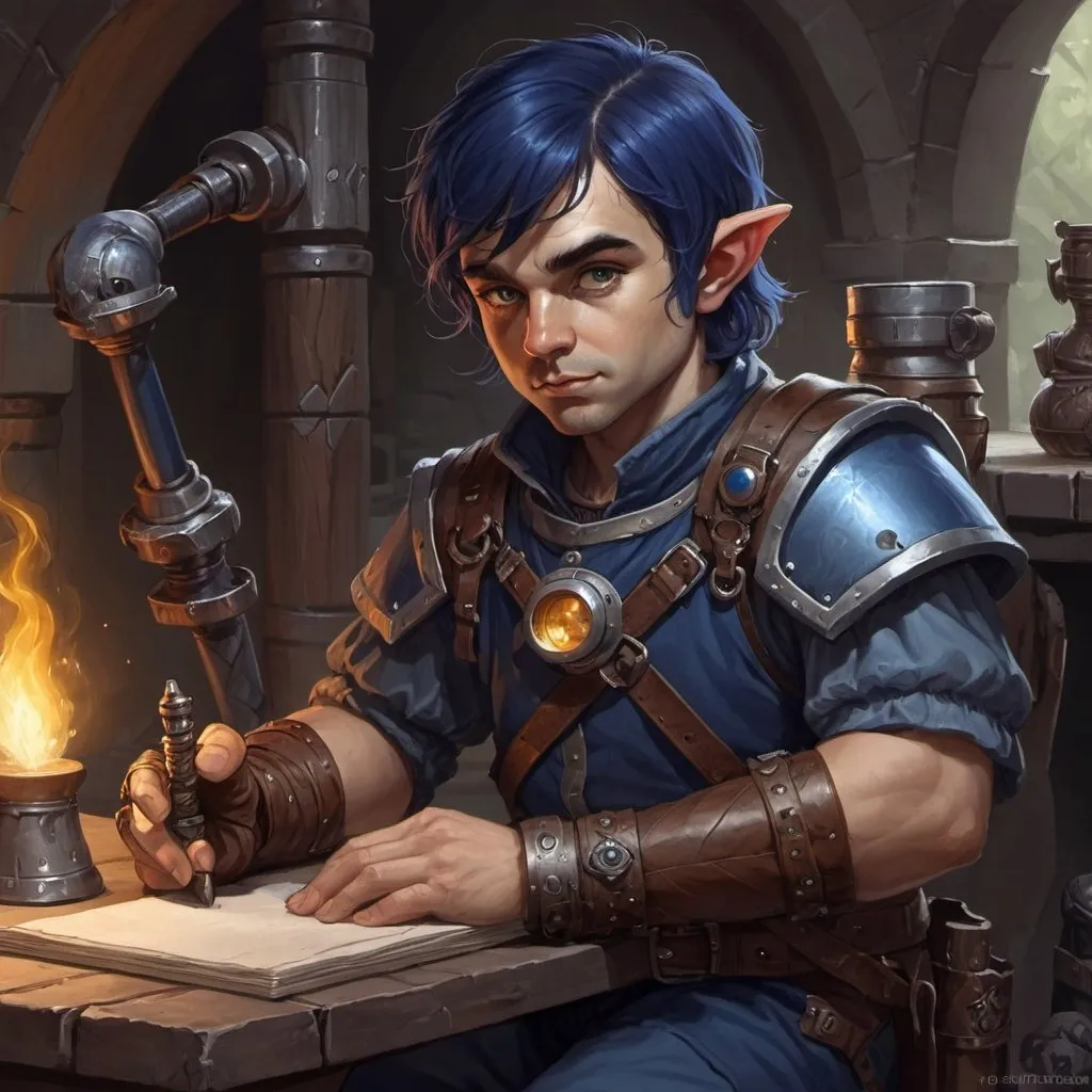 Prompt: dungeons and dragons, fantasy art, Halfling male, artificer, dark blue hair, artificial arm, hazel eyes, workshop, tinkerer