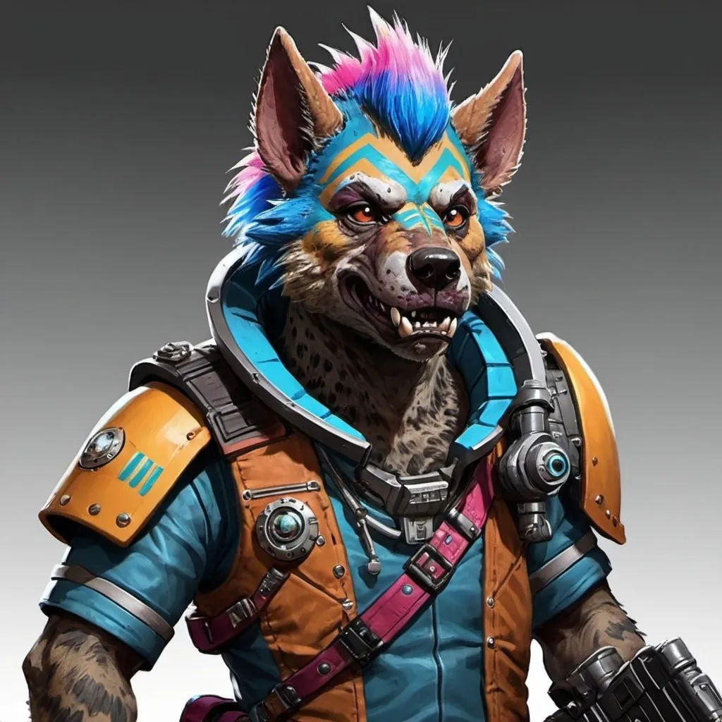 Prompt: sci-fi starfinder space faring Gnoll wit rainbow colored Mohawk bounty hunter