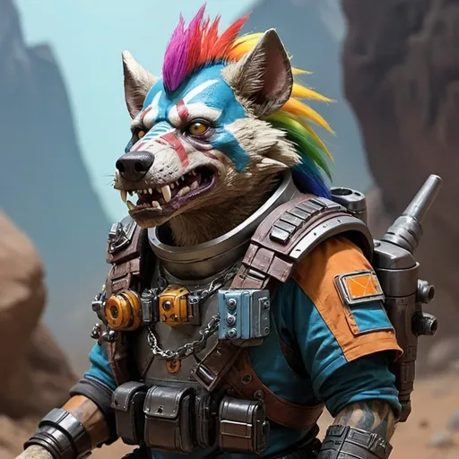 Prompt: sci-fi starfinder space faring Gnoll wit rainbow colored Mohawk bounty hunter