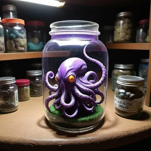 Prompt: Sci-fi starfinder space faring purple tentacle  in a jar alien shopkeep junk dealer