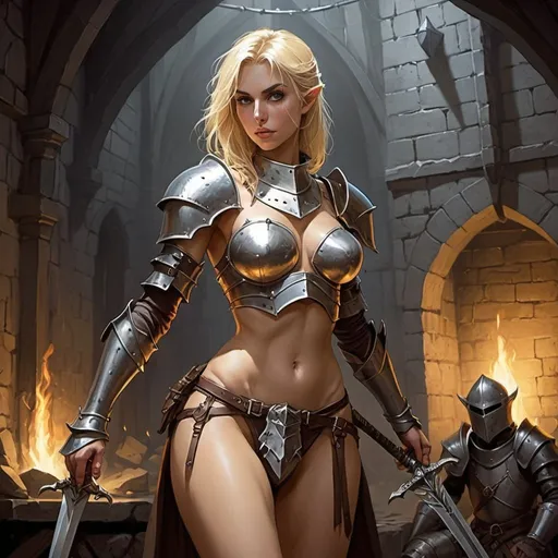 Prompt: dungeons and dragons, fantasy art, Human Female, Paladin, Skinny, Blonde, wearing Tiny plate mail thong, Metal undies, great sword, Dark Dungeon, Dank room,