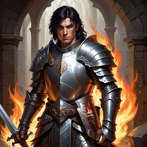 Prompt: dungeons and dragons, fantasy art, Human Male, Paladin, black hair, square jaw, Shiny plate mail armor, Holy flaming sword, shield, Adventurer, dark dank dungeon,