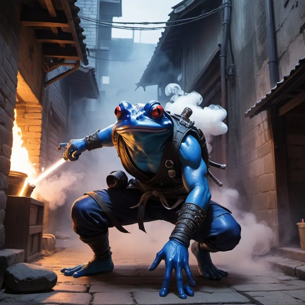 Prompt: dungeons and dragons, fantasy art, small Mutant frog child, dark neon blue skin, Ninja, Stealth, White-goroi, ninja-goroi, Fantasy city, night, back alley, ninja mask mouth covered, smoke bomb in background, wielding dual kama, crouching,